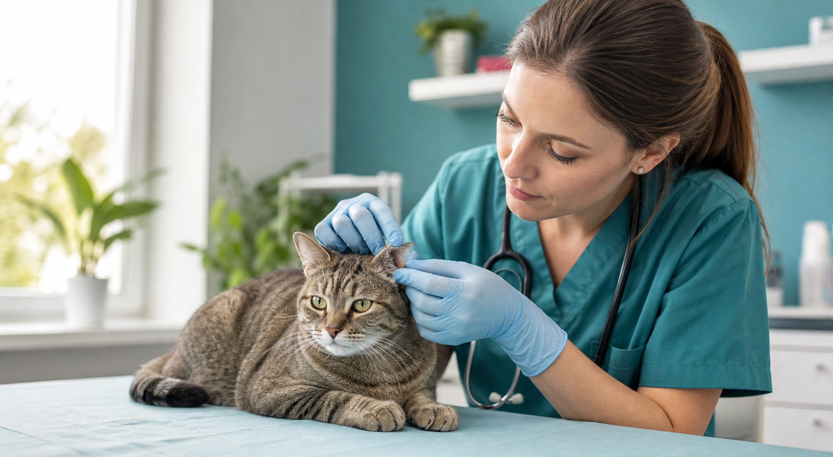 Revisión dermatológica de un gato en consulta veterinaria