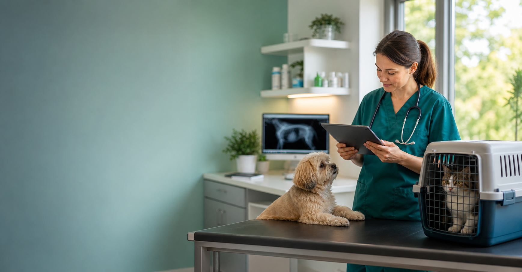 Veterinaria revisando exámenes de perro y gato