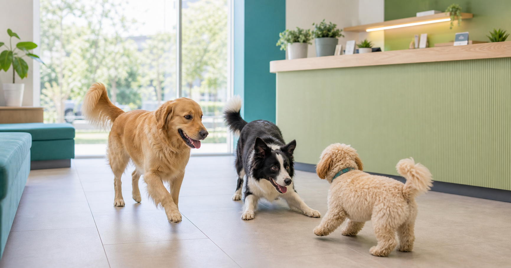 Tres perros felices jugando suavemente en la recepción veterinaria