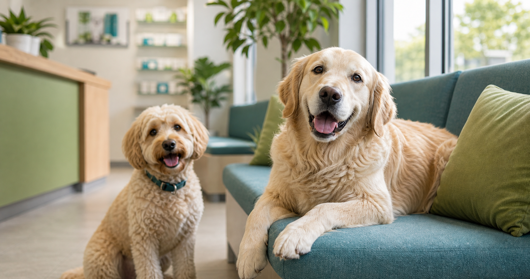 Dos perros felices descansando en un sillón de la clínica