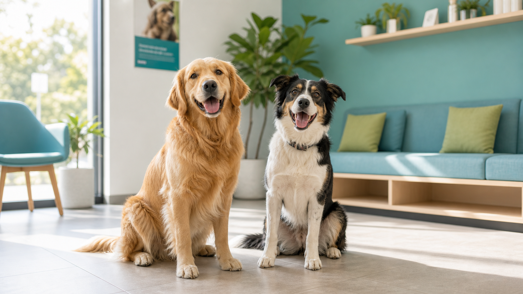 Dos perros felices esperando en la recepción de la clínica