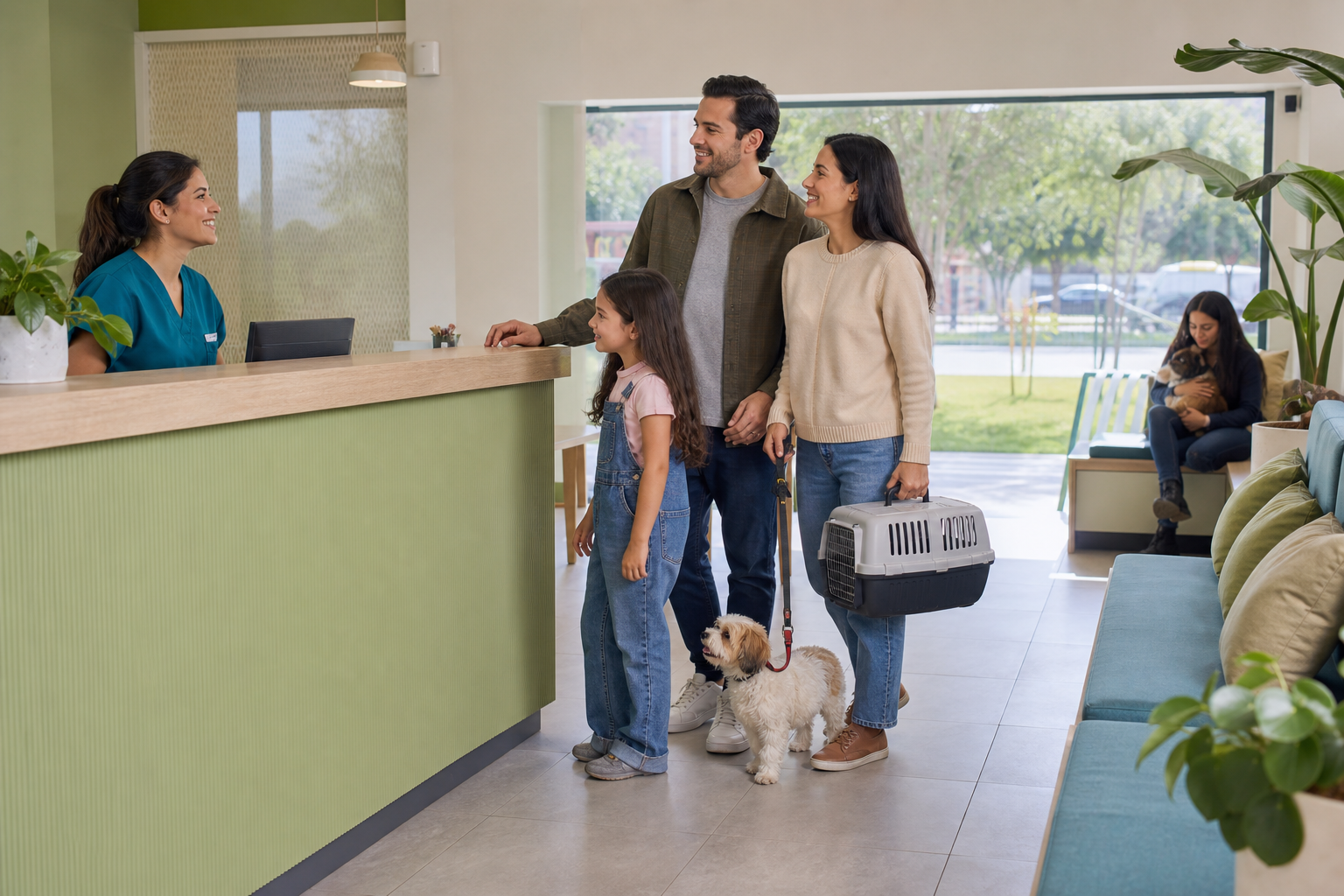 Familia llegando a la recepción de la clínica veterinaria